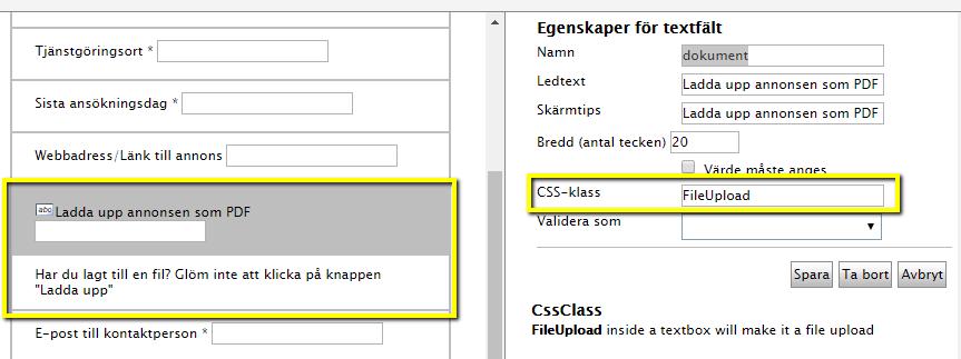 Funktionen för filuppladdning kan aktiveras med hjälp av ett textfält.