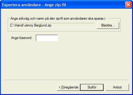 (Programmet föreslår Handi-mappen och användarens namn.) Man får även ange ett lösenord på zip-filen.