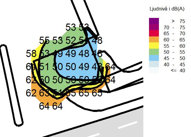 Figur 6. Ekvivalent ljudnivå vid terrass med 3 m hög omringande skärm.