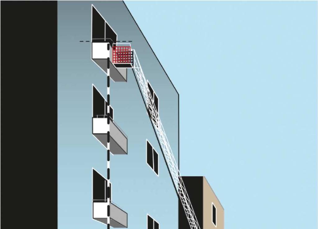 Uppställningsplatsen ska inte placeras närmare än 2 meter från byggnadens fasad eller balkongkant för att skapa arbetsyta kring fordonet och tillgänglighet lägre ner i byggnaden.
