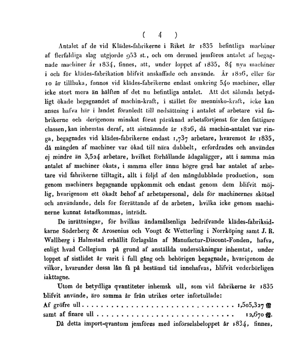 ( 4 ) Antalet af de vid Klädes-fabrikerne i Riket är 1835 befintliga machiner af flerfaldiga slag utgjorde 953 st.