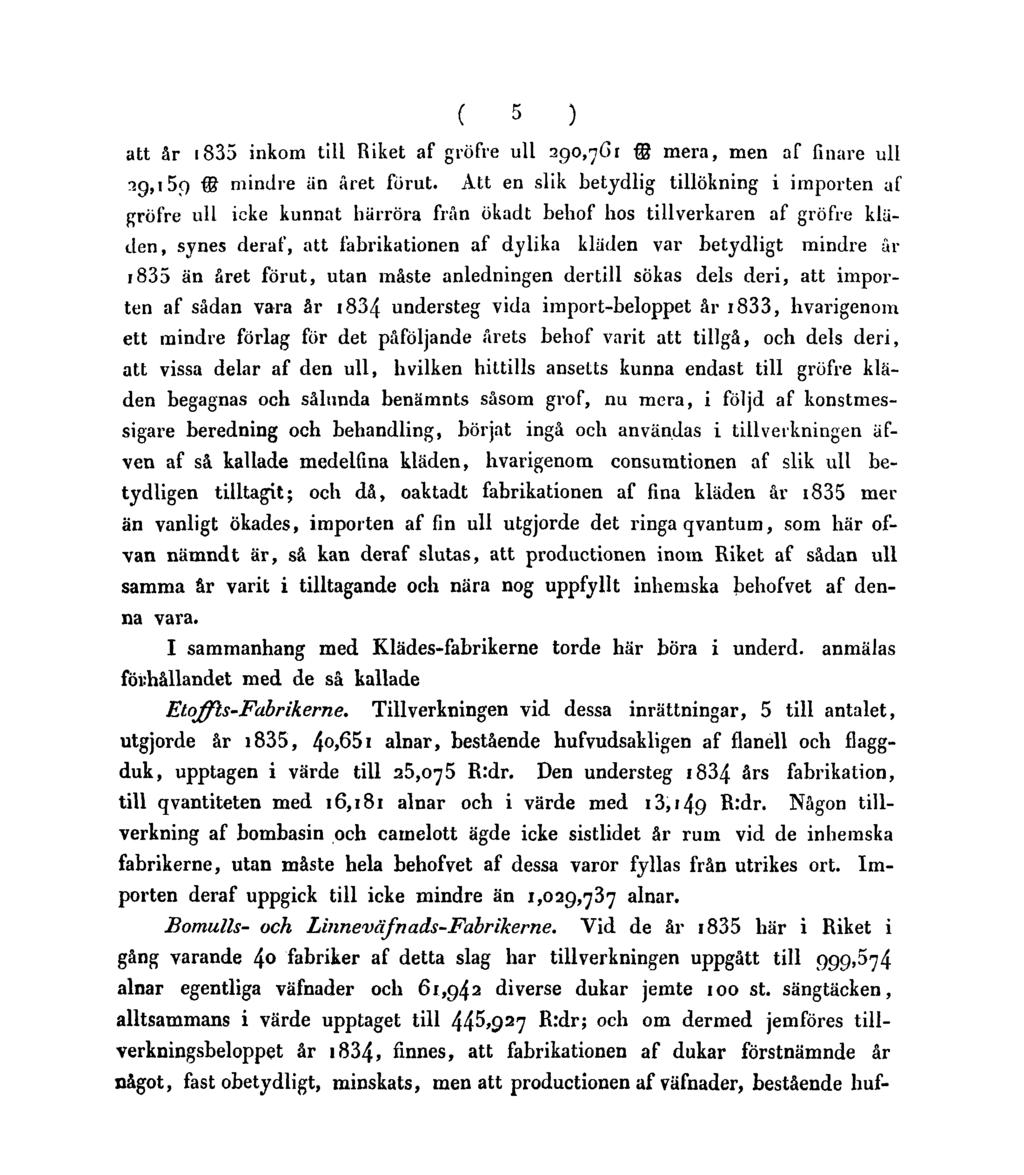 ( 5 ) att år 1835 inkom till Riket af gröfre ull 290,761 ll mera, men af finare ull 29,159 ll mindre än Aret förut.