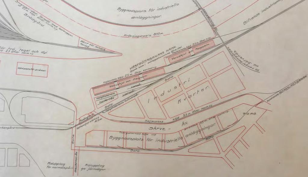 1904 internationell hamnplanetävling (Gullbergsvass) Tävlingsförslaget för Partihandelsområdet (Marieholm) som tänktes enbart till industriändamål utformades ändå ganska likt den befintliga