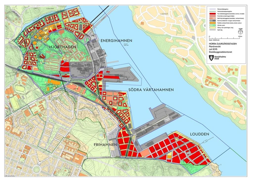 Figur 2. Planöversikt Norra Djurgårdsstaden Delprojektet Frihamnen ligger sist i planeringen av Norra Djurgårdsstaden med planerad byggstart för bostäder år 2027.