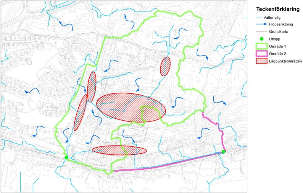 7.3 Dagvattensystem i både dike och ledningsnät Alternativ 3 är ett kombinerat dagvattensystem med både diken och ledningsnät genom avrinningsområde 1.