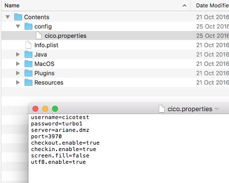 För Mac: Filen config ligger paketerad i cico.app, Högerklicka på filen cico.app och klicka på Show Package Content så hittar du config-filen under Contents.