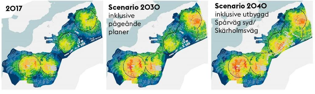 I färgskalan från rött (många människor) till blått (få människor) framgår hur många boende och arbetande som nås inom 500 meters gångavstånd (via gångnätet).