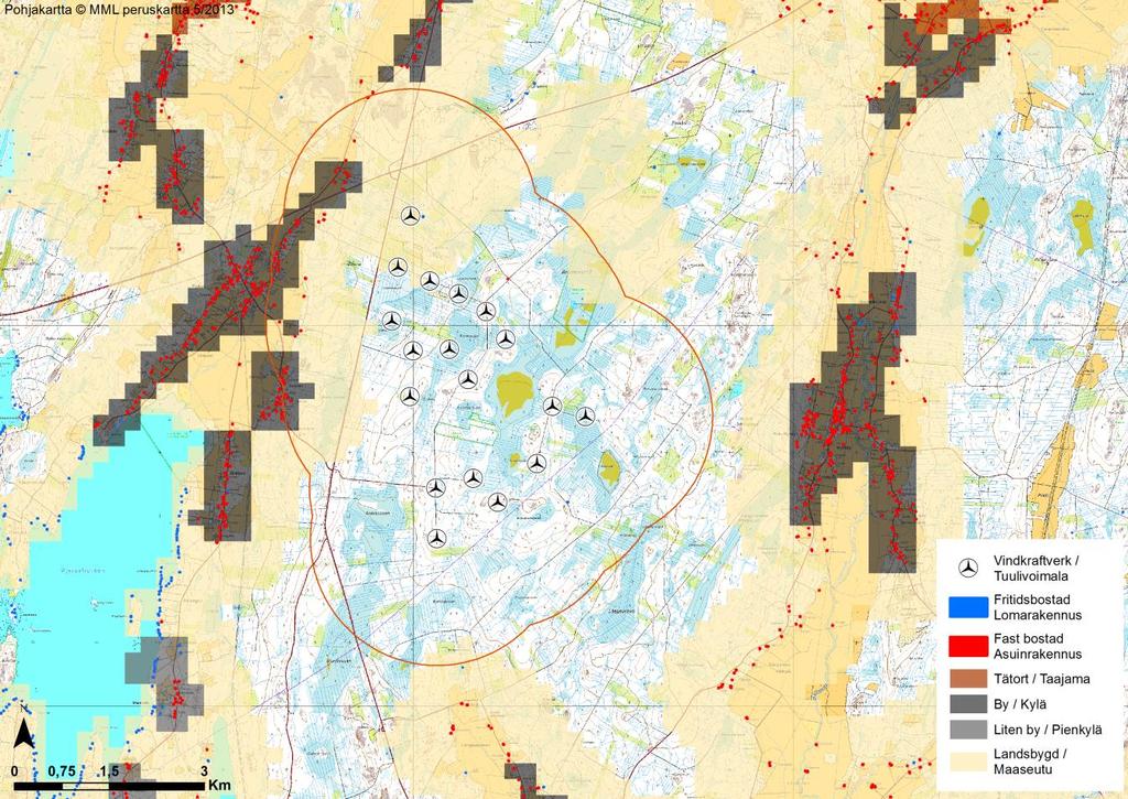 10 (83) Inom 2 km från planerade vindkraftverk i finns det 46 fasta bostäder och två fritidsbostäder. I huvudsak koncentreras de fasta bostäderna till väst om planområdet.