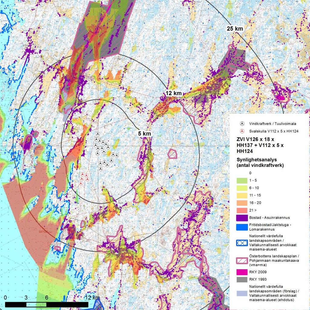 58 (83) av vindkraftverken i Pjelax och Svalskulla är även synliga till havsområdet mellan Kaskö och Kristinestad. Figur 11.8. Vindkraftparkerna Svalskulla och Pjelax synlighet i förhållande till landskapsmässiga värdeobjekt samt bosättningen.