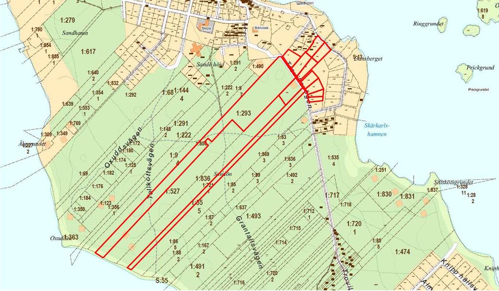 (Figur 2: Den röda markeringen visar de fastigheter som står med i ansökan av upprättandet av ny detaljplan.