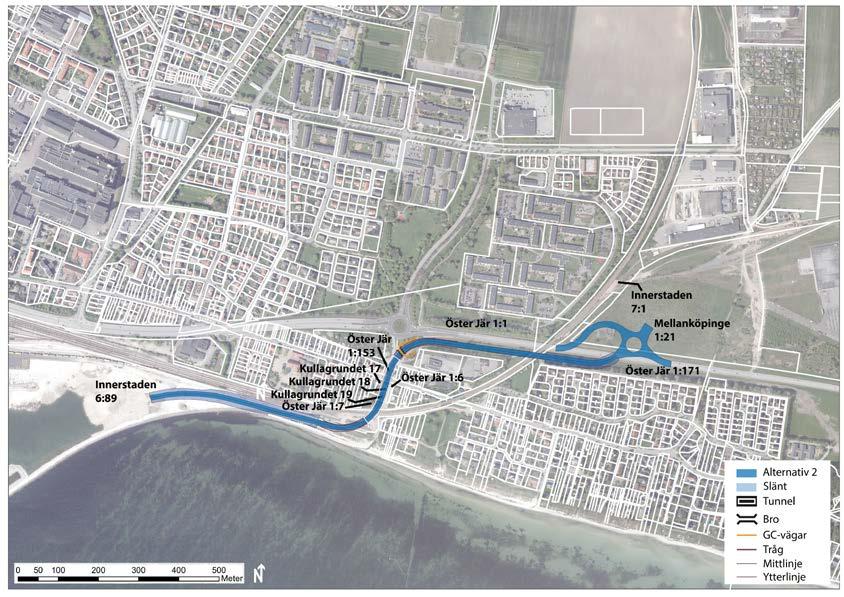 Alternativ 2 STYRKOR Separation hamntrafik/övrig trafik Begränsat intrång i naturmiljö och rekreativa värden Inget intrång i verksamhet/industri