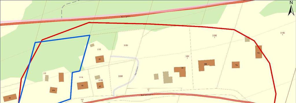 Fig. 2. Detaljkarta. Utredningsområdet markerat med blå begränsningslinje, röd polygon visar Åre 311:1, uppgift om ödesböle. Topografi Utredningsområdets storlek är 6136 m 2.