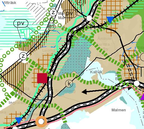 Planläggningssituationen Landskapsplanen för Nyland Stambanan Motorled Område för tätortsfunktioner Område som ska förtätas Kulturmiljö av landskapsintresse (Byn