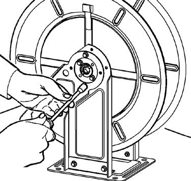 För säkerhets skull skall slangbyte alltid ske med upprullaren nedmonterad från sin ordinarie plats och därefter sättas fast på en arbetsbänk.