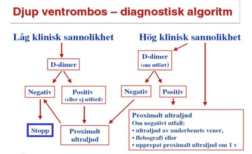 Rutin 3(6) Utredningsalgoritm vid misstänkt djup ventrombos Algoritmen gäller i första hand polikliniska patienter men kan även användas för att underlätta bedömning av sjukhusvårdade patienter.