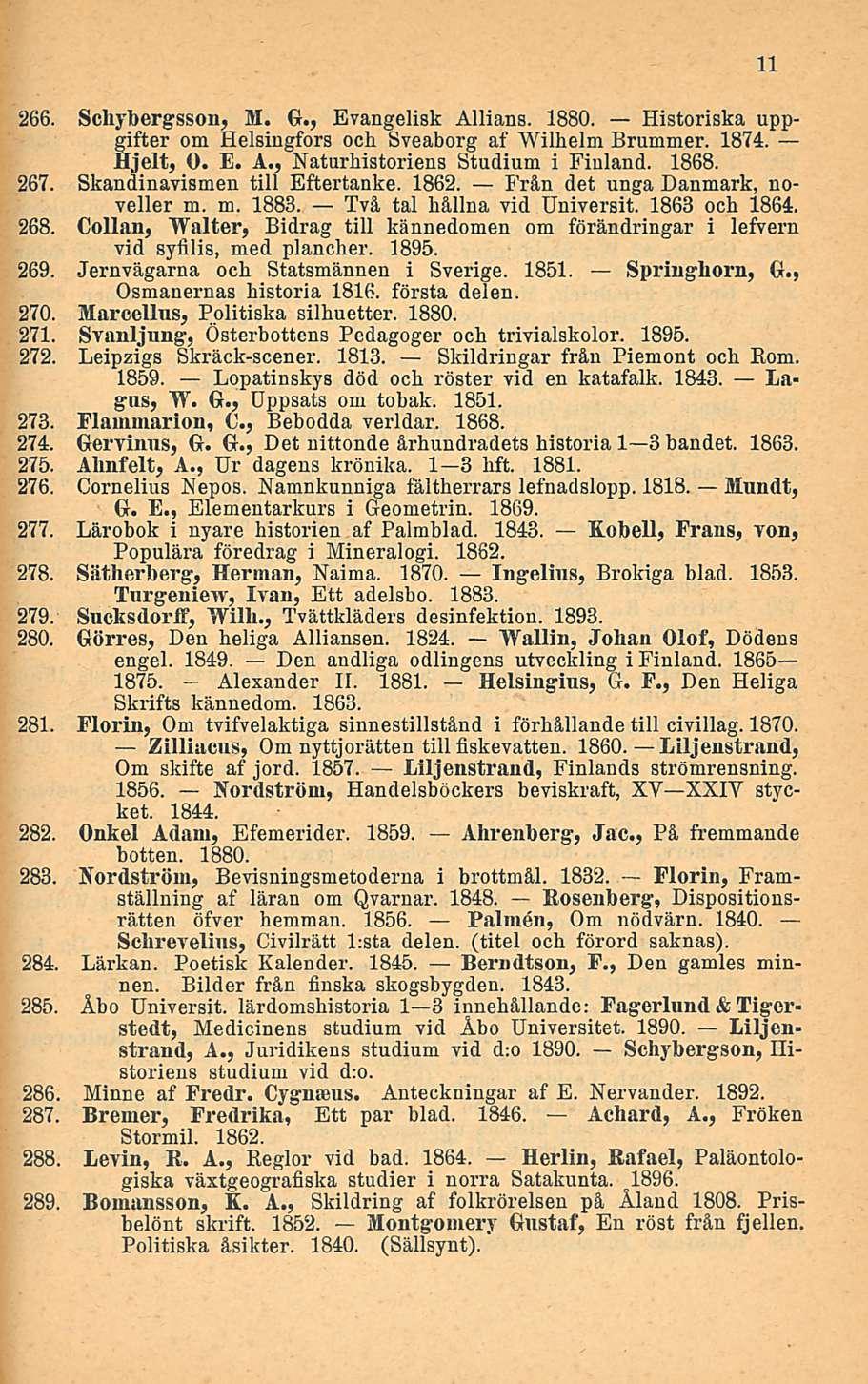 266. Schybergsson, M. G., Evangelisk Allians. 1880. Historiska uppfifter om Helsingfors och Sveaborg af Wilhelm Brummer. 1874, [jelt, O. E. A., Naturhistoriens Studium i Finland. 1868. 267.