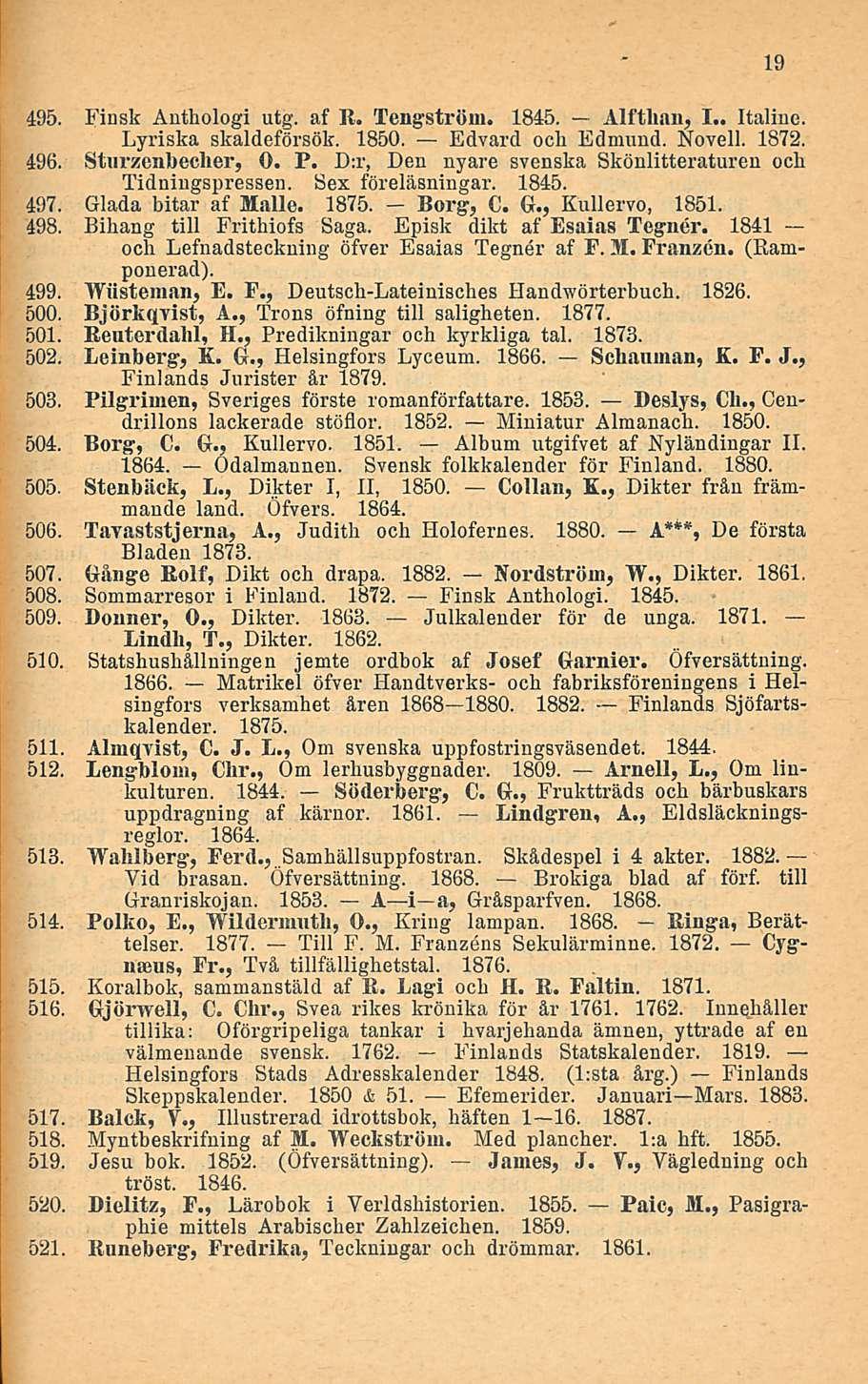 Borg, 495. Finsk Ånthologi utg. af il. Tengström. 1845. Alithan, 1.. Italine. Lyriska skaldeförsök. 1850. Edvard och Edmund. Novell. 1872. 496. Stnrzenbecher, O. P.