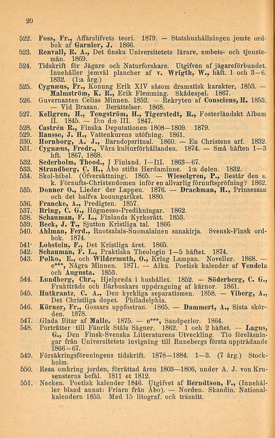 20 522. Foss, Fr., Affärslifvets teori. 1879. Statshushållningen jemte ordbok af Gamier, J. 1866. 523. Renvall, K. A., Det finska Universitetets lärare, embets- ocb tjenstemän. 1869. 524.