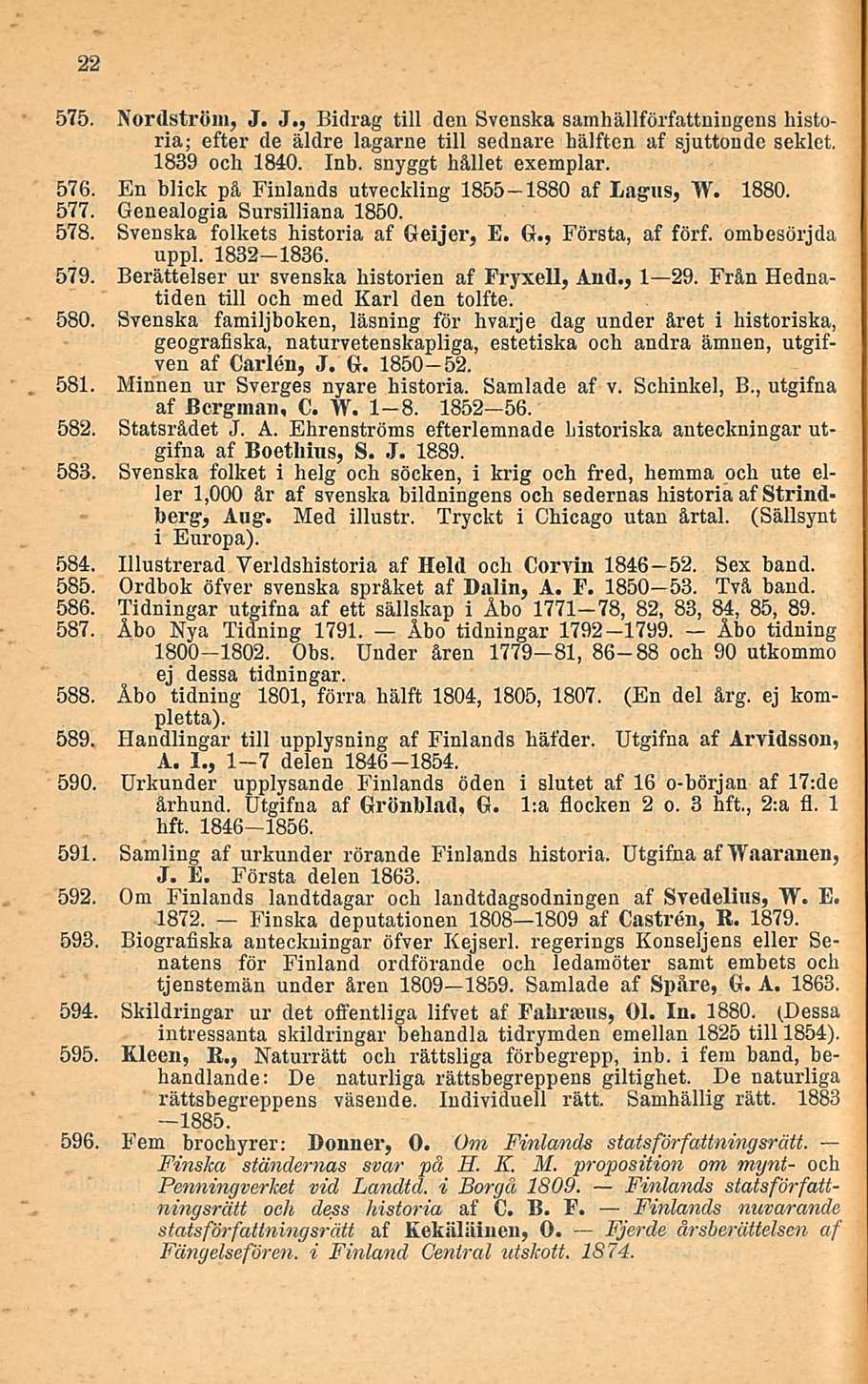 22 575. Nordström, J. J., Bidrag tili den Svenska samhällförfattningens historia; efter de äldre lagarne tili sednare hälften af sjuttonde seklet. 1839 och 1840. Inb. snyggt hållet exemplar. 576.