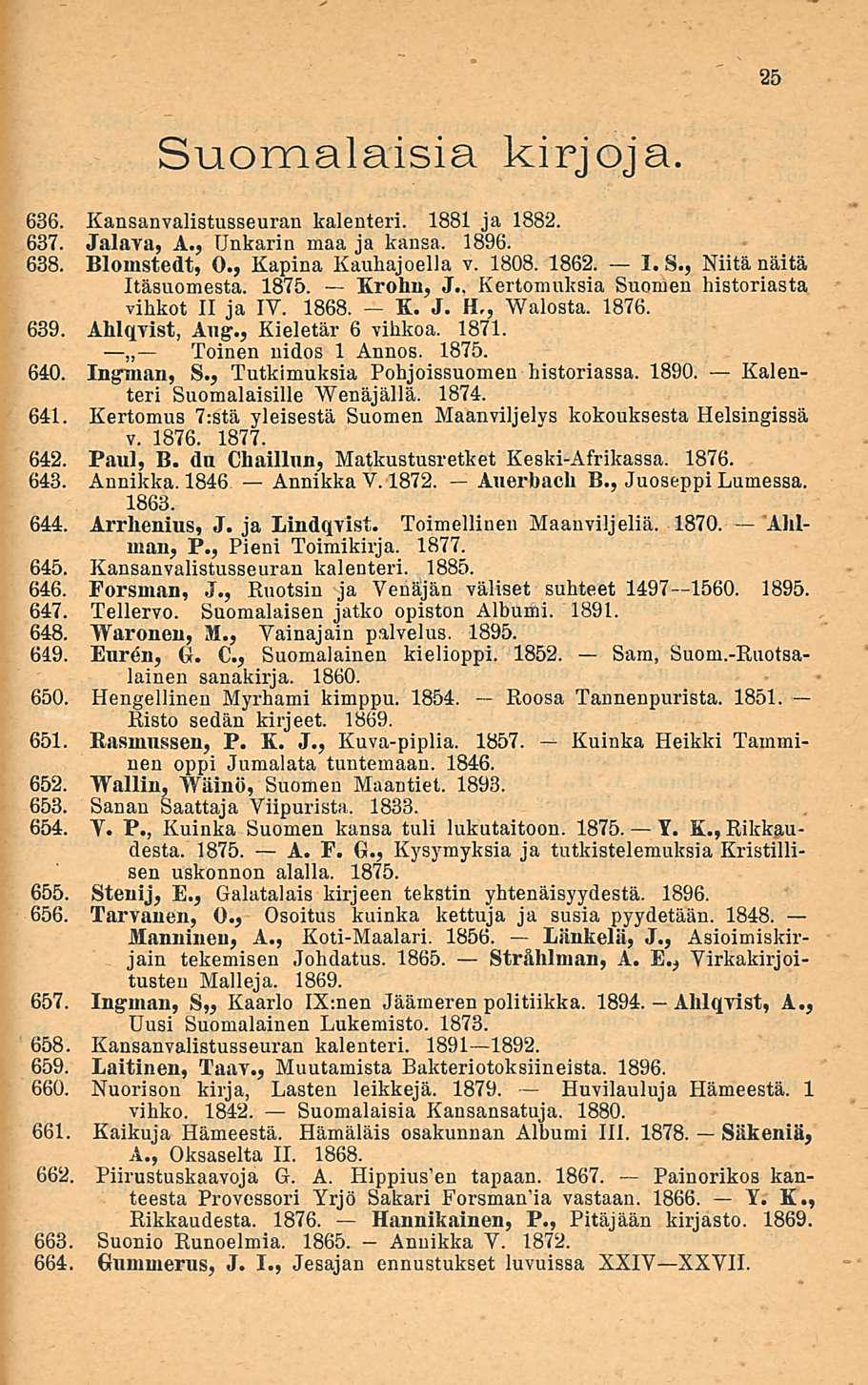 25 Suomalaisia kirjoja. 536. Kansanvalistusseuran kalenteri. 1881 ja 1882. 337. Jalava, A., Unkarin maa ja kansa. 1896. 338. Blomstedt, 0., Kapina Kauhajoella v. 1808.1862. I. S., Niitä näitä Itäsuomesta.