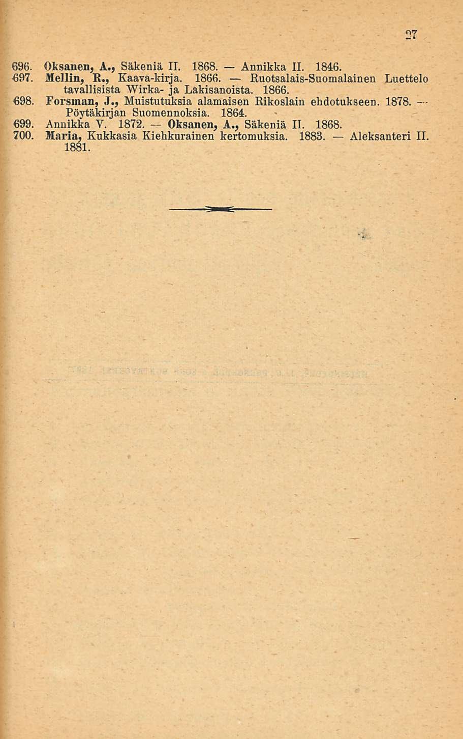 696. Oksanen, A., Säkeniä 11.1868. Annikka 11.1846. 697. Mellin, R., Kaava-kirja. 1866. Ruotsalais-Suomalainen Luettelo tavallisista Wirka- ja Lakisanoista. 1866. 698. Forsman, J.