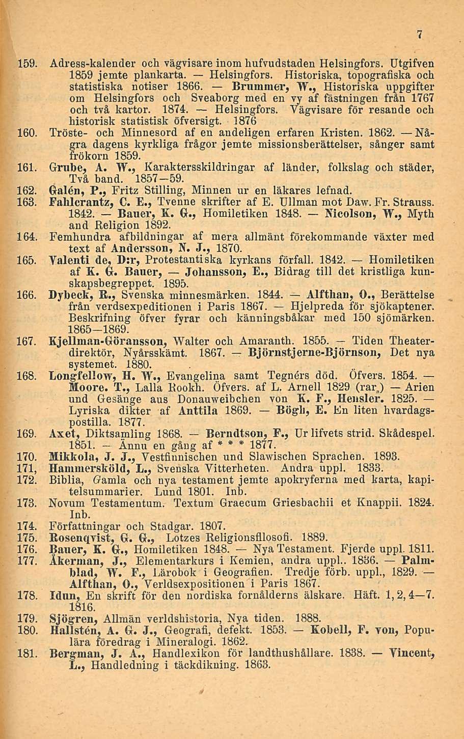 169. Adress-kalender och vägvisare inom hufvudstaden Helsingfors. Utgifven 1859 jemte plankarta. Helsingfors. Historiska, topografiska och statistiska notiser 1866. Brummer, IV.
