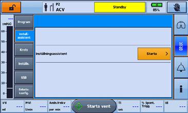 Använda Installationsassistenten För att snabbt ställa in Astral-enheten och starta ventilation för en ny patient, använd Installationsassistenten. 1. Gå till klinisk funktion. 2.