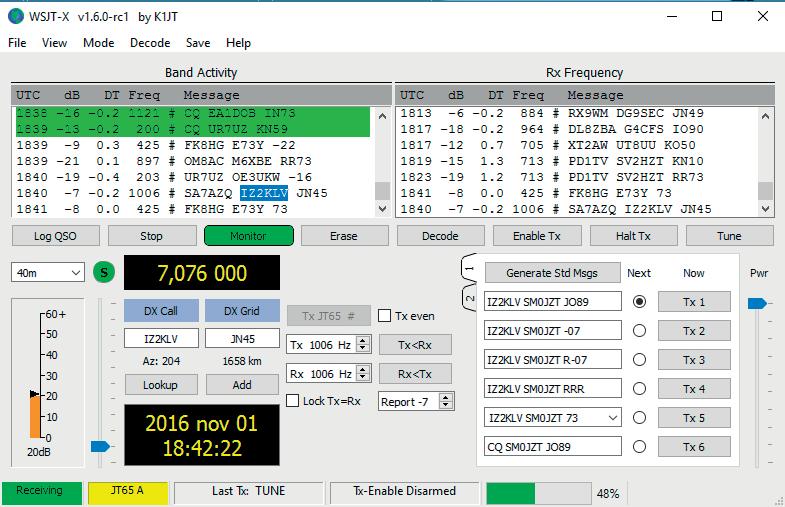 Teknik & egenbygge Bild 12 - I denna bild ser man hur det kan se ut på bildskärmen då man kör WSJT-x tillsammans med operatörssnittet till en SDRadio som ANAN-10.