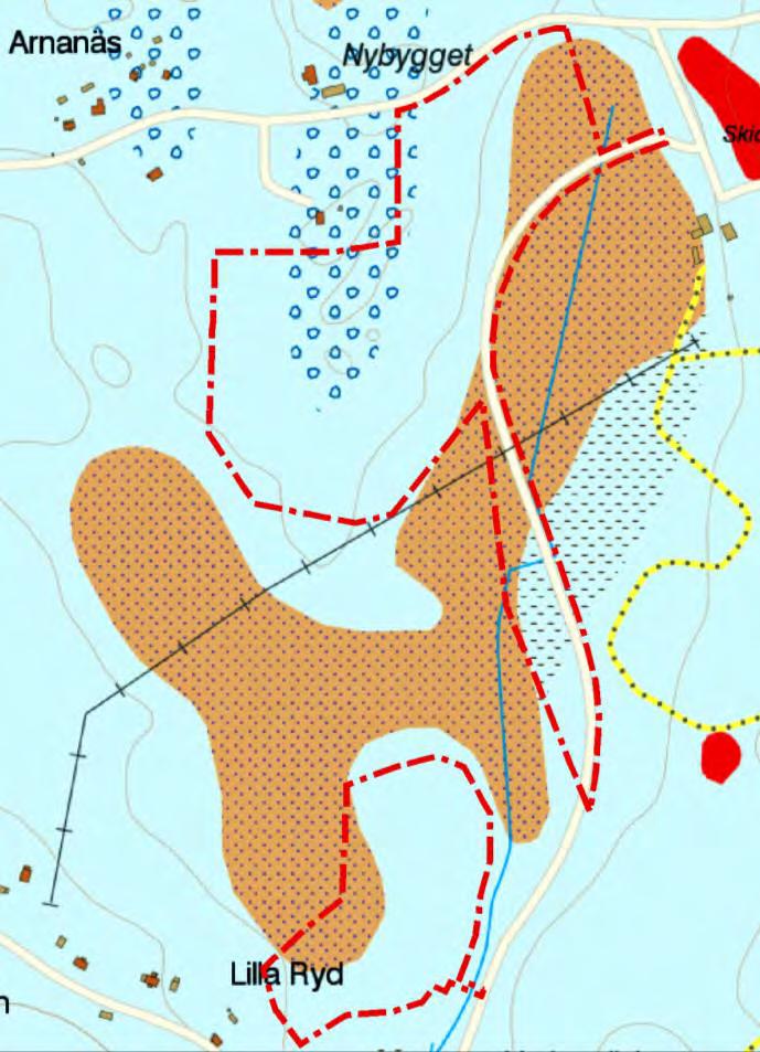 Geotekniska förhållanden Karta över jordarter (källa SGU). Röd linje markerar planområdesgränsen.