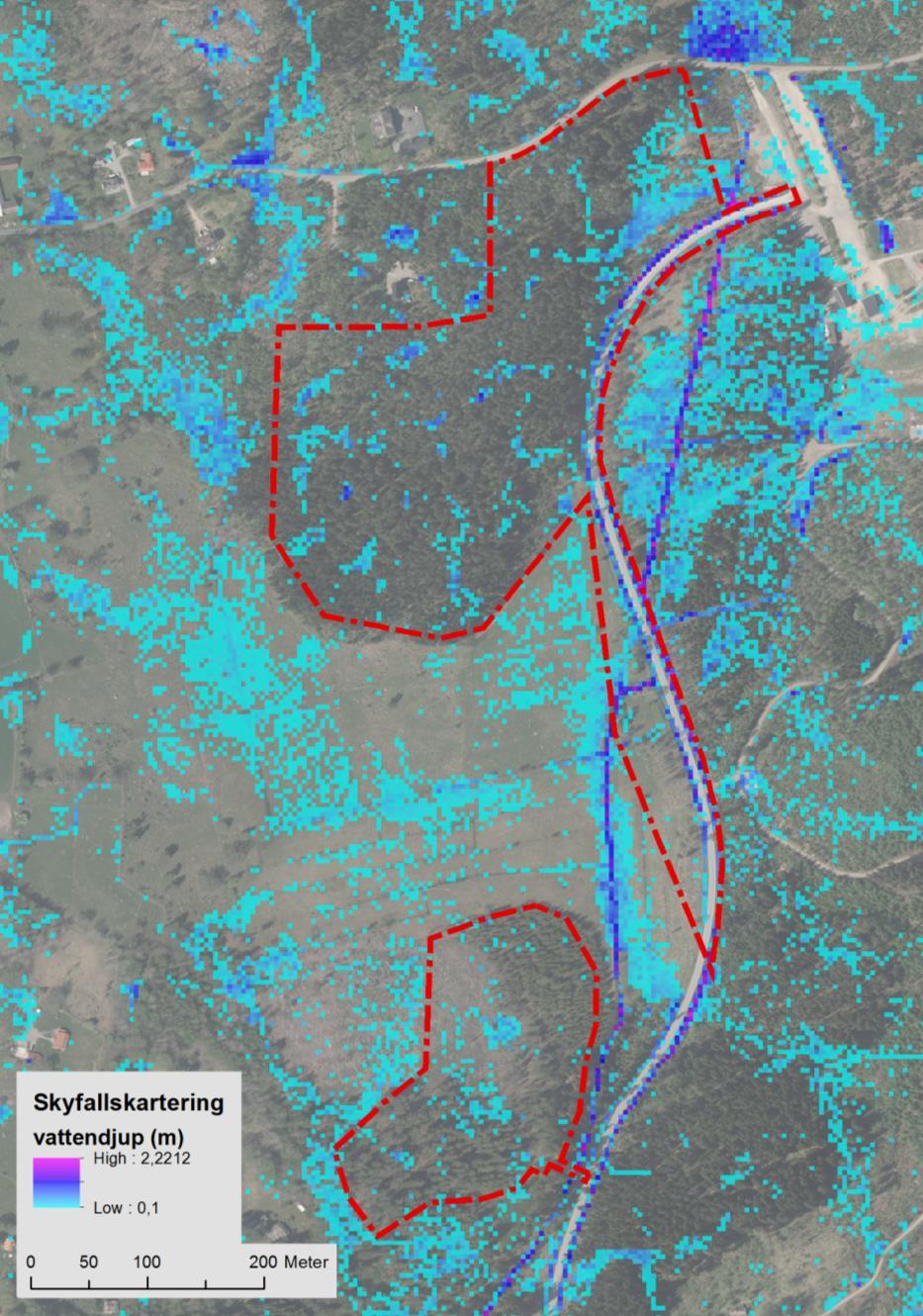 Översvämningsrisk (Skyfallskartering, lågpunkter) DHI:s skyfallskartering (2014) visar de beräknade maximala vattendjupen (m) och hastighetsvektorer (m/s) i samband med ett framtida 100- års regn