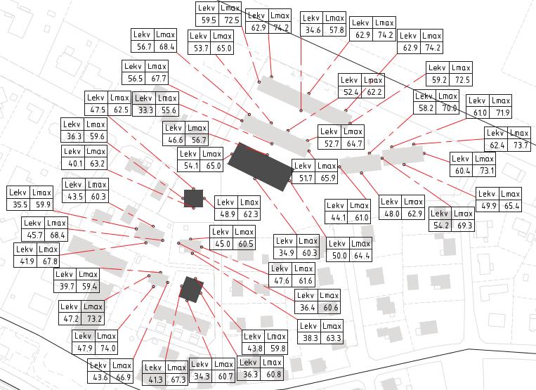 7(16) Kartan visar maximal ljudnivå under natt. Svart byggnadskropp representerar ny byggnad.
