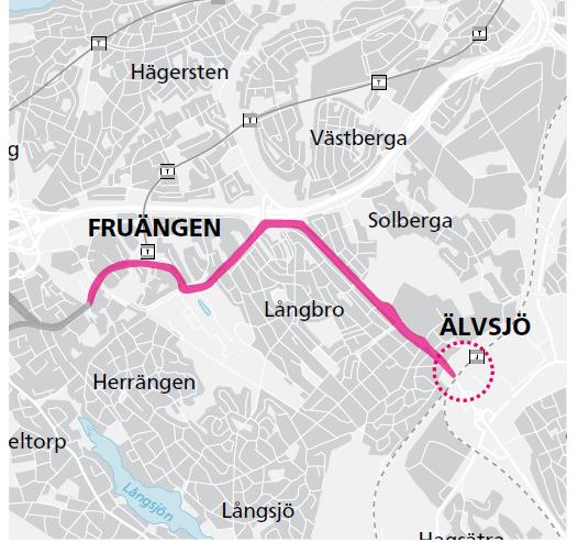 De studerade alternativen är oberoende av val av sträckning på föregående delsträcka. Studerad lokalisering på delsträckan Fruängen - Älvsjö.