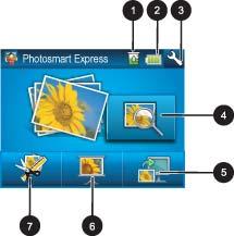 Photosmart Express-menyn Följande alternativ är tillgängliga i Photosmart Express-menyn när du sätter i ett minneskort eller trycker på ikonen Home (Startsida) på snabbvalsramen.