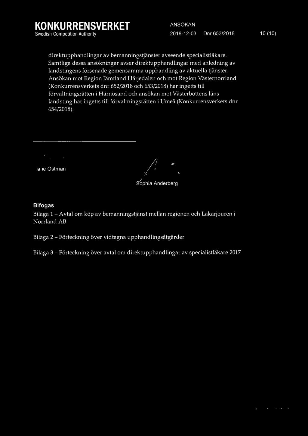 Ansokan mot Region [arntland Harjedalen och mot Region Vasternorrland (Konkurrensverkets dnr 652/2018 och 653/2018) bar ingetts till forvaltningsratten i Harnosand och ansokan mot