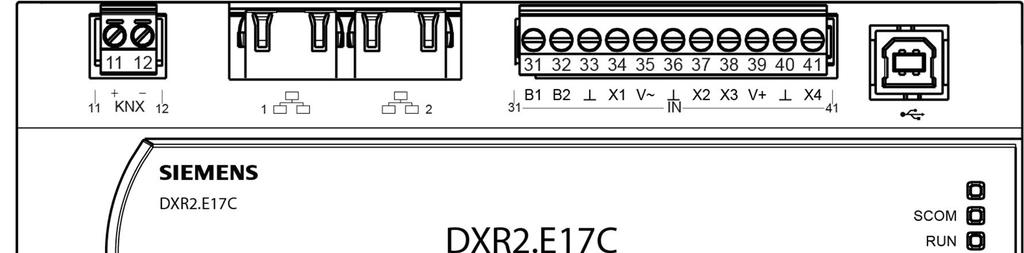 Anslutningsplintar DXR2.E17C och DXR2.E17CX Stift Beskrivning Terminal Modul Kanal 1, 2 Ethernet 2 x RJ45-gränssnitt för 2-ports Ethernet-uttag 11, 12 KNX KNX-anslutning +, - 31.