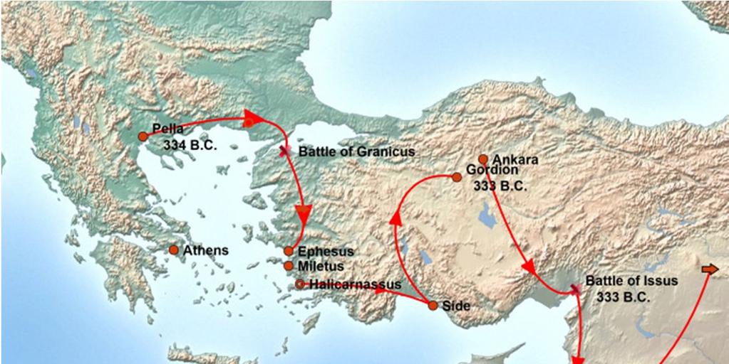 9 drog Alexander genom det som idag är Turkiet och stötte på nytt ihop med perser vid Issus, där ett slag utkämpades. Figur 2.
