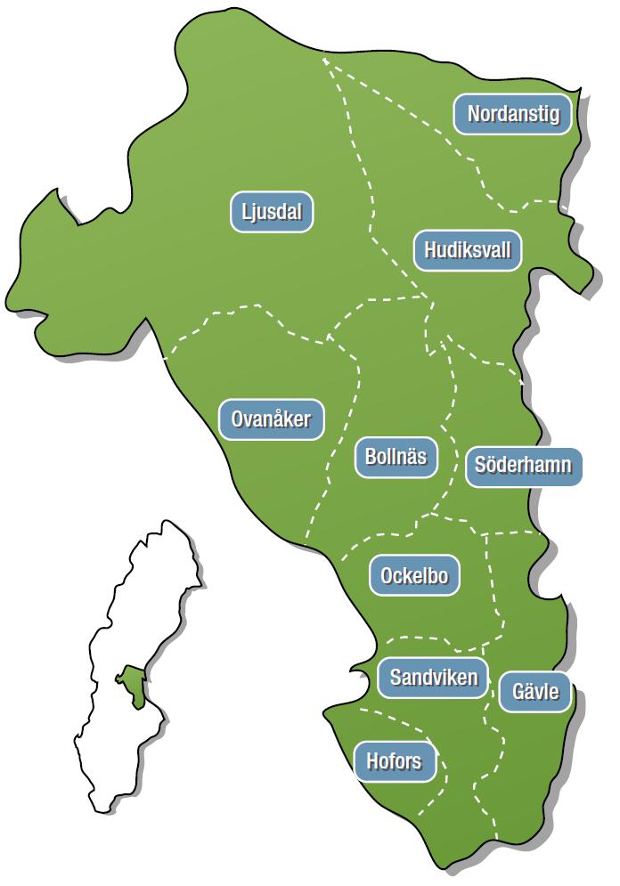 För länets invånare i 10 kommuner finns 43 Hälsocentraler (privat 16, Lt 27) 5 sjukhus BOLLNÄS SJUKHUS Sjukhusvägen 81 821 81 Bollnäs GÄVLE SJUKHUS Lasarettsvägen 1 801 88 Gävle HUDIKSVALLS SJUKHUS