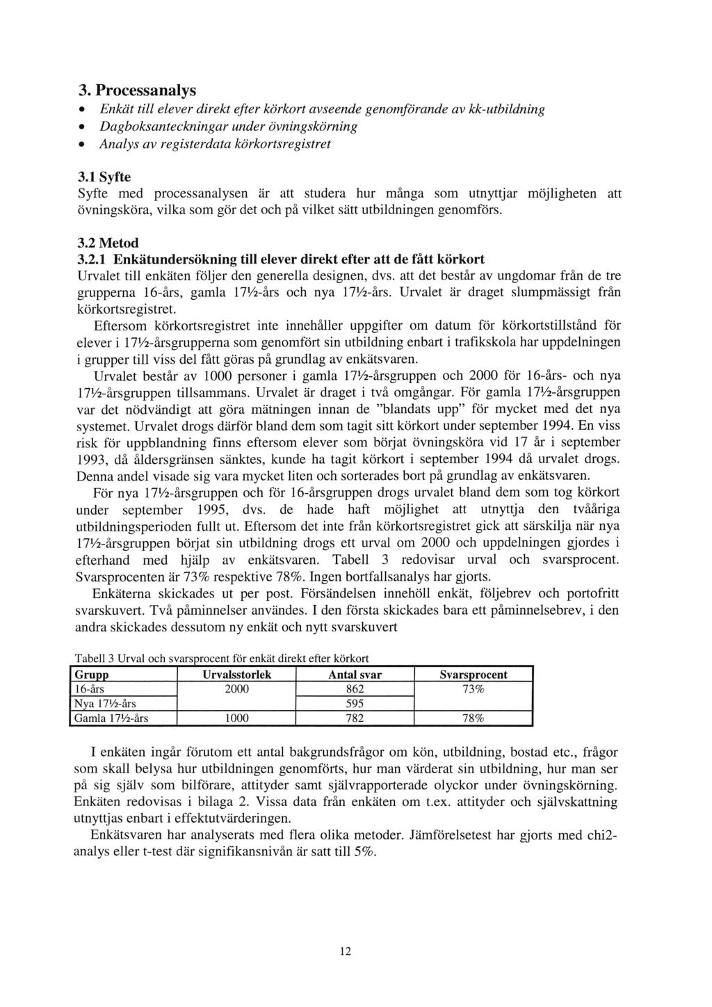 3. Processanalys Enka't till elever direkt efter körkort avseende genomförande av kk-atbildning 0 Dagboksanteckningar under Övningskärning 0 Analys av registerdata körkortsregistret 3.