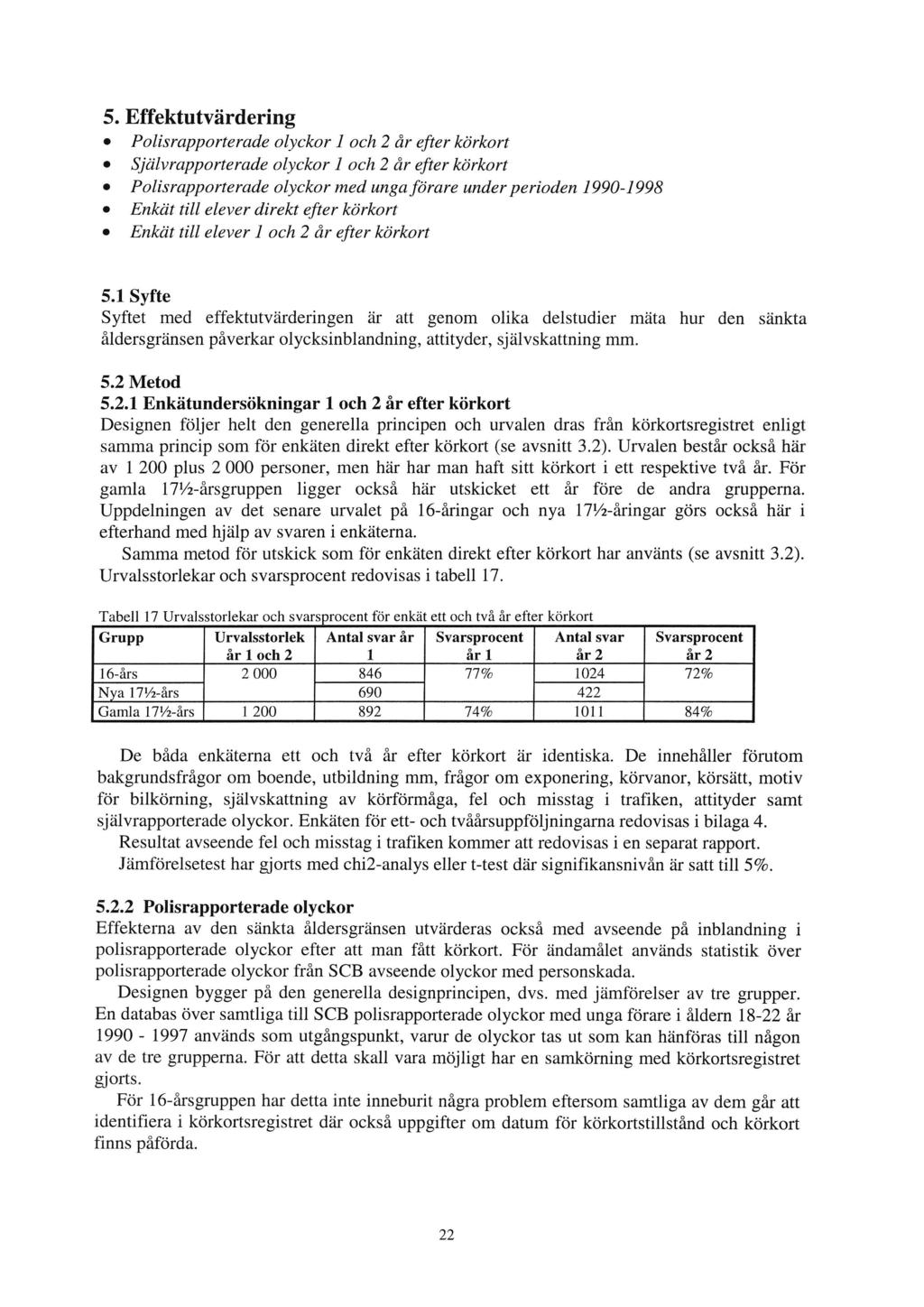 5. Effektutvärdering 0 Polisrapporterade olyckor 1 och 2 år efter körkort 0 Sjölvrapporterade olyckor 1 och 2 år efter körkort 0 Polisrapporterade olyckor med unga förare under perioden 1990-1998 0