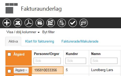 Instruktion Kundfaktura När Du kommer in i funktionen ser du tre flikar Under aktiva visas fakturor som är sparade och ännu inte skickade