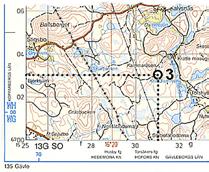 Däremellan anges endast de två sista siffrorna för varje linje i rutnätet. En ruta på den här kartan är 2 x 2 km, i t.ex. Terrängkartan (Gröna kartan) är rutorna 1 km.