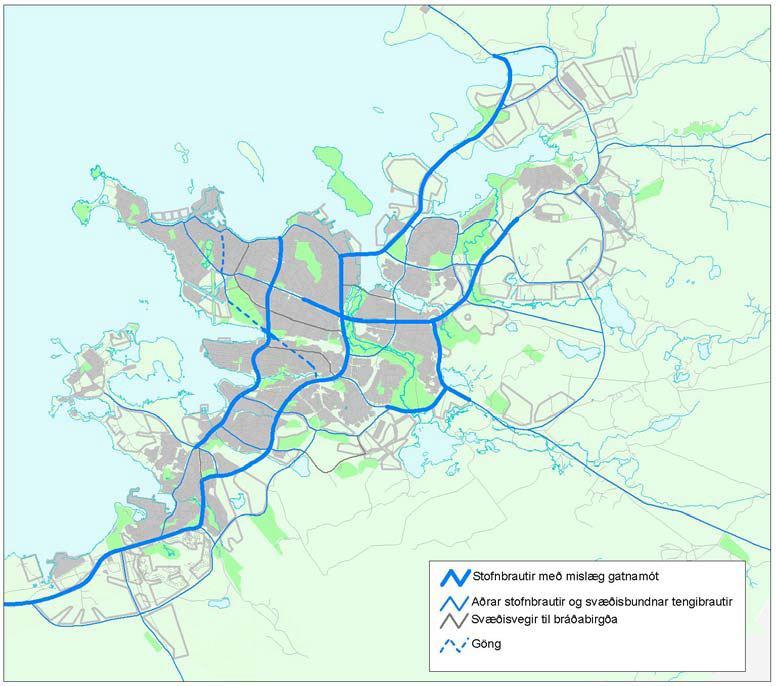 að kröfum almenningssamgangna til að tryggja megi hreyfanleika fólks en hafa um leið áhrif á sjálfbært umhverfi höfuðborgarsvæðisins. Stofnbrautir og aðrir vegir.