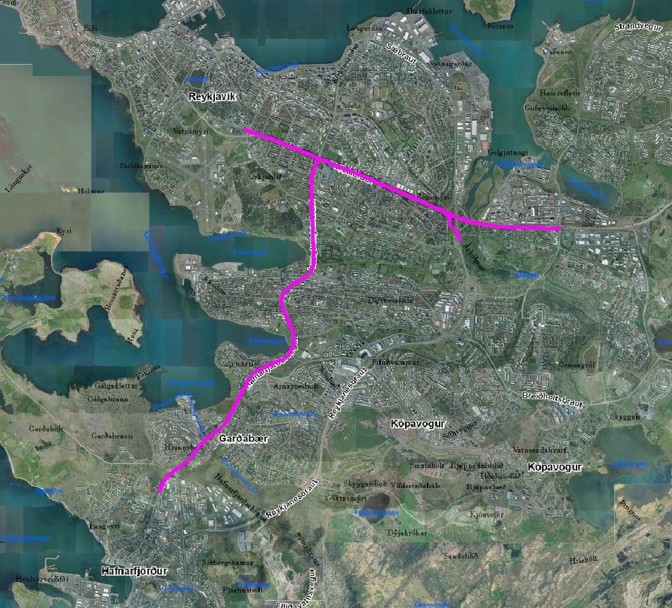 Mynd 5.4: Myndin sýnir þá vegkafla sem miklar tafir verða á fyrir vagna á stofnleiðum. (Loftmynd: www.ja.is) 5.2.