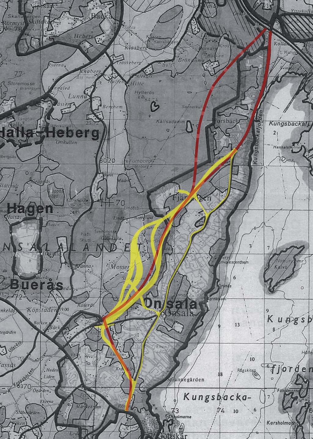 Kungsbacka kommuns översiktsplan, röd linje=vägreservat enligt