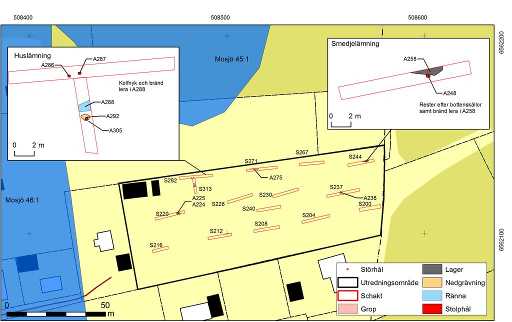 Medeltida bytomt i Mosås 4:10 Figur 5. Schaktplan med schakt och påträffade anläggningar.