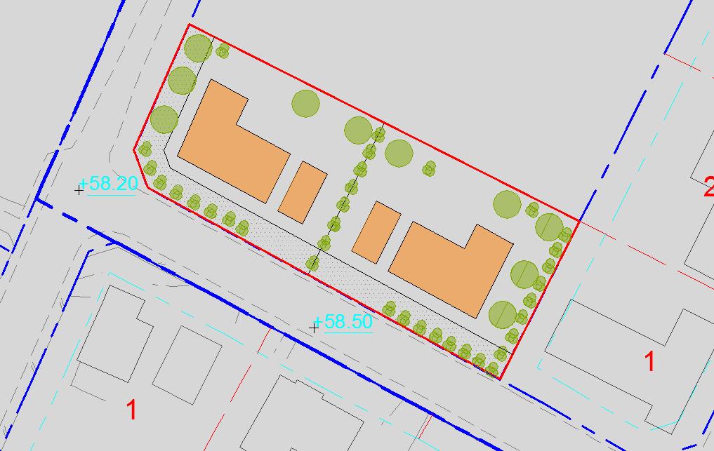 granne eller sammanbyggt garage och minst 6 meter från gata. Mark prickas ej mot grannfastighet och mot allmän plats för att ge mer utrymme för huvudbyggnad och komplementbyggnad mot grannfastighet.