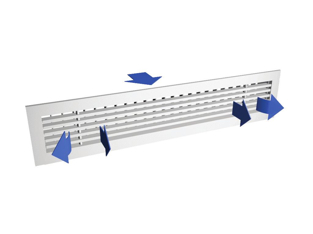 18 L2 18 H1 H2 5 48 AWE L1 Det totala djupet = 48 mm + 45 mm med NS L1 L2 H1 H2 AWU Tilluft förs genom lamellerna in i rummet med en vertikal 15 -ig vinkelavböjning och med horisontell avböjning