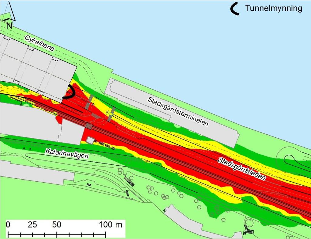 Området öster om Stadsgårdsledstunnelns östra mynning Hur stort utsläppet från ventilationen kommer att vara är ännu inte utrett, då dimensioneringen av ventilationen inte gjorts ännu.