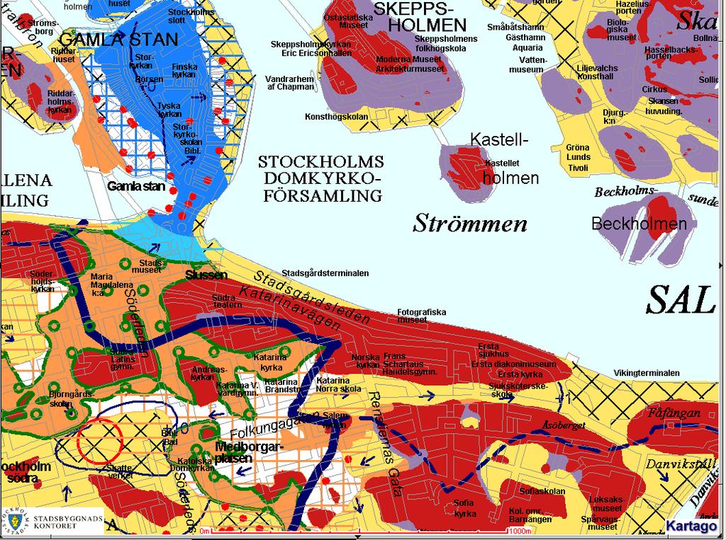 Figur 7.2.2.1. En huvudvattendelare (blå, tjock, heldragen linje) avgränsar området i ett östligt och ett västligt område på denna del av Södermalm.