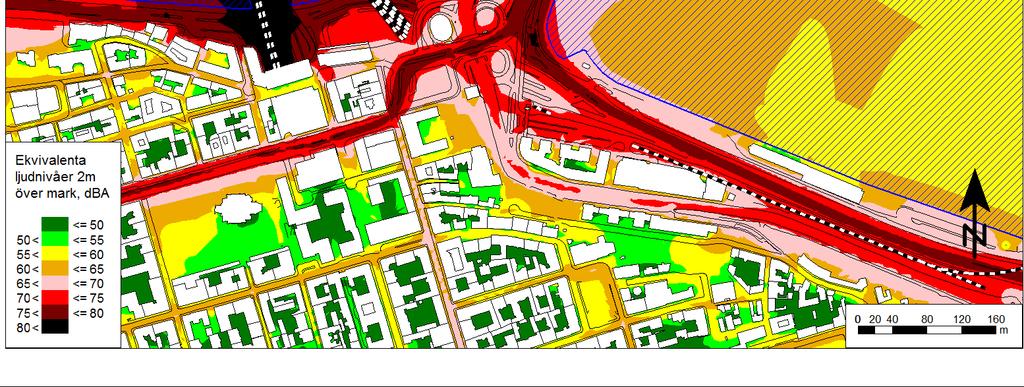 Den ekvivalenta ljudnivån är vid en del byggnader högre än 65 dba, på vissa kommunikationsstråk ofta högre än 70 dba.